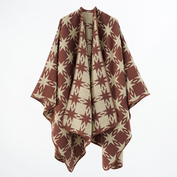 Women's Oversized Jacquard Cape with Star Motif and Contrasting Overlock Edge Mune Fashion