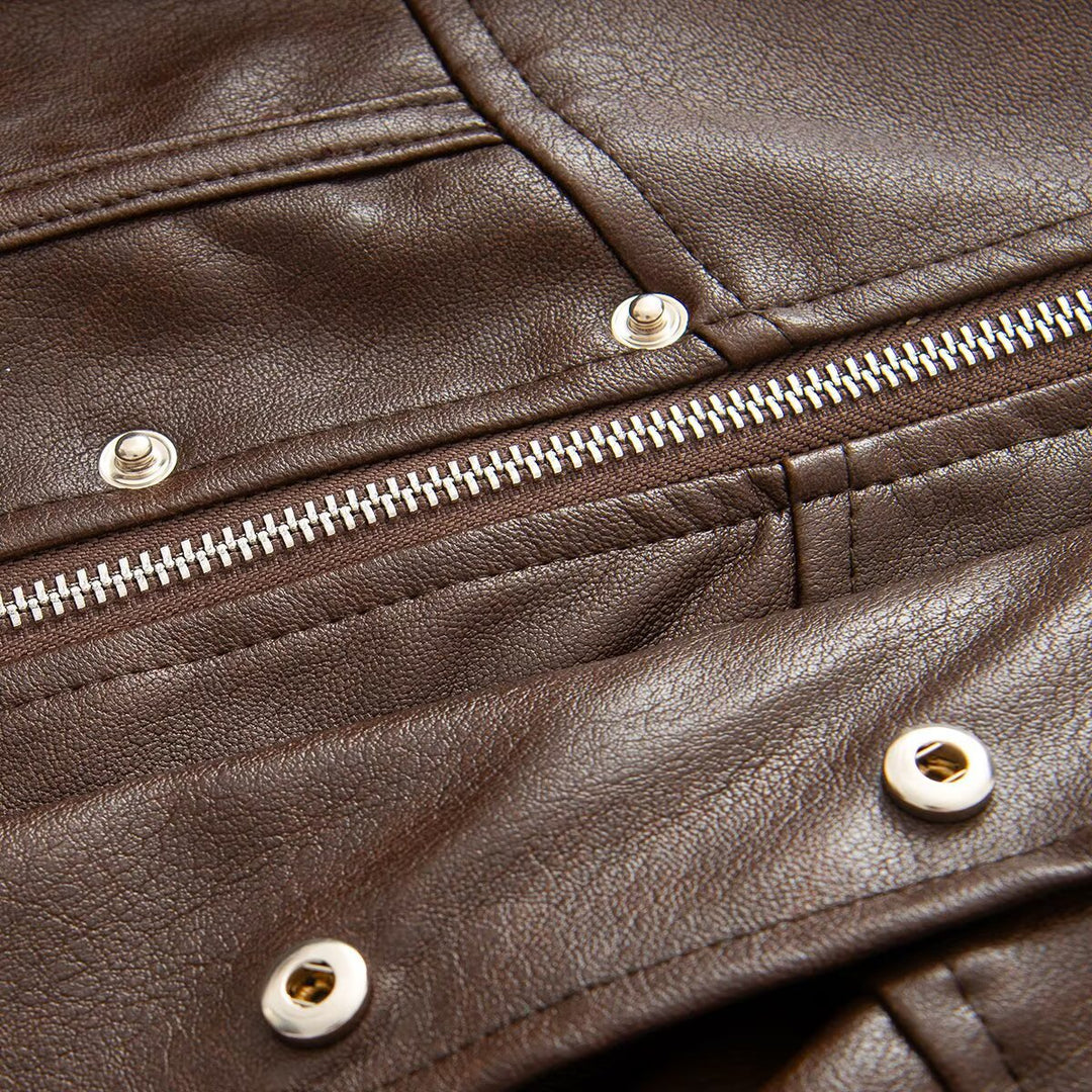 Ladies Cropped Leather-look Jacket with Tailored Corset Division and Standing Collar Mune Fashion