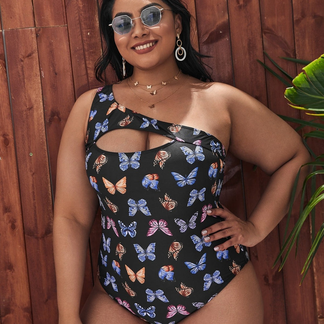 Women One-Sided Cut-Out Swimsuit with Floral Butterfly Motifs Mune Fashion