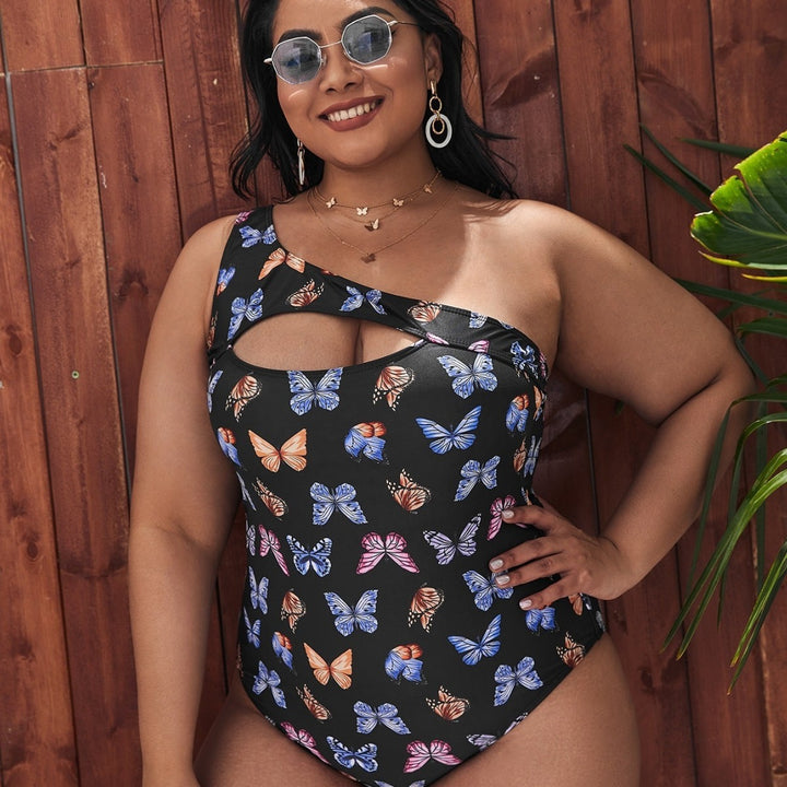 Women One-Sided Cut-Out Swimsuit with Floral Butterfly Motifs Mune Fashion