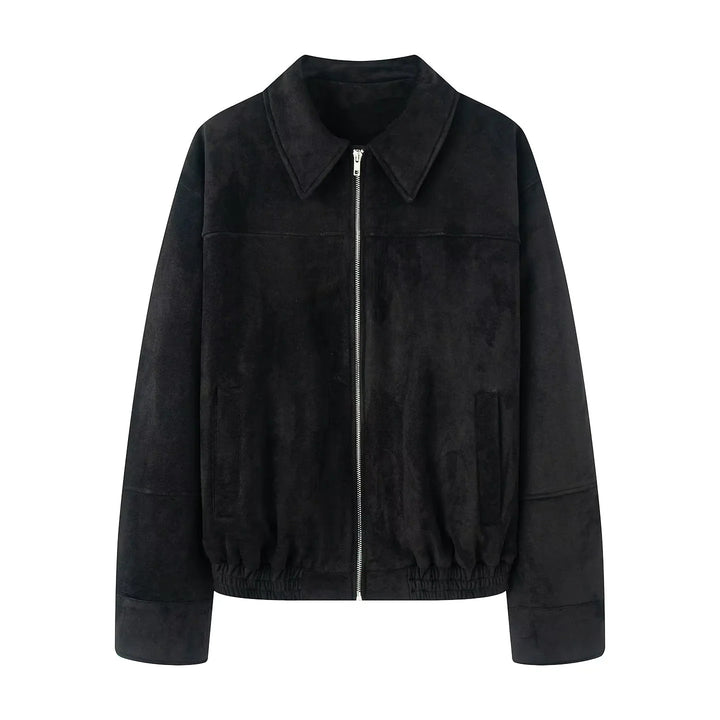 Women's velvety faux leather bomber jacket with shirt collar, zipper, and elastic hem Mune Fashion