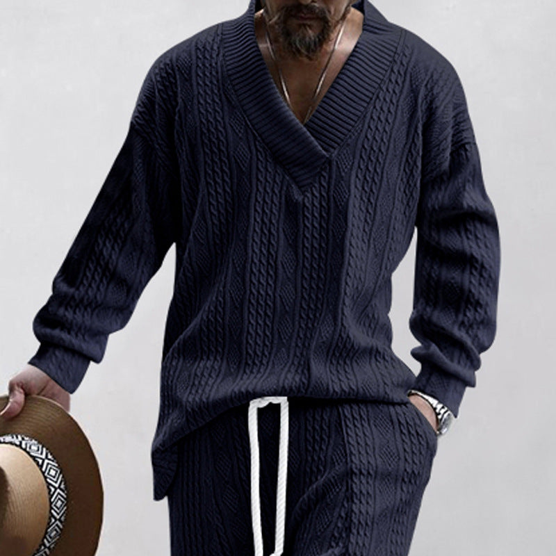 Men's cable knit set with deep V-neck and drawstring joggers Mune Fashion