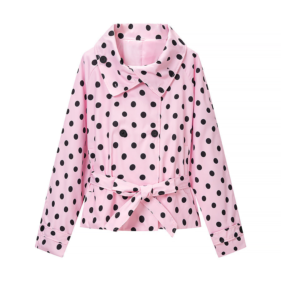 Women's Polka Dot Trench Coat Style with Tie Belt and Balloon Sleeves Mune Fashion