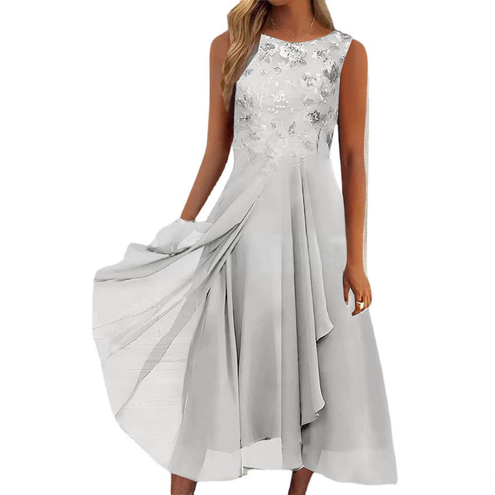 Women’s sleeveless chiffon midi dress with embroidered bodice and asymmetric layered skirt Mune Fashion