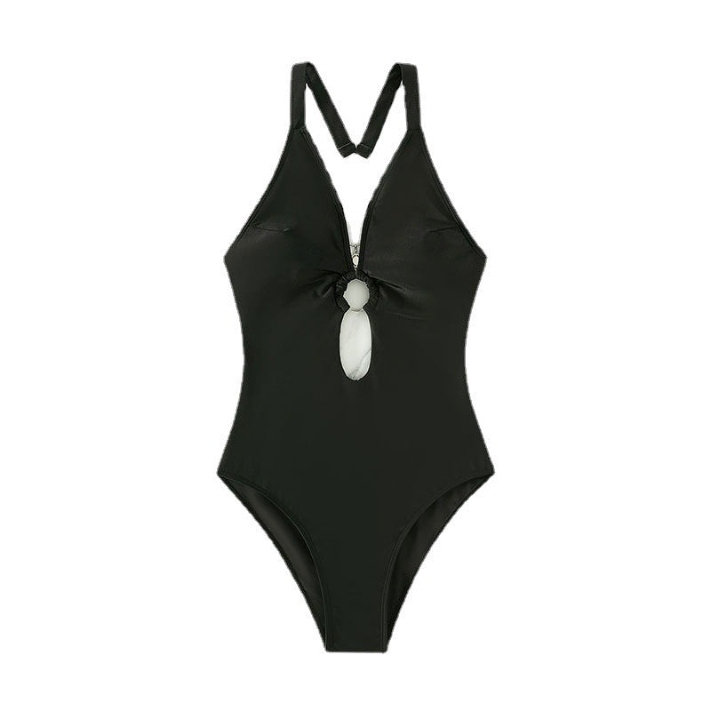 Women's One-Piece Swimsuit with Deep V-Neck and Fashionable Knot Detail