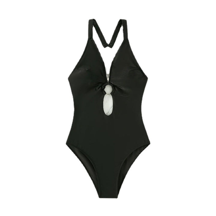 Women's One-Piece Swimsuit with Deep V-Neck and Fashionable Knot Detail