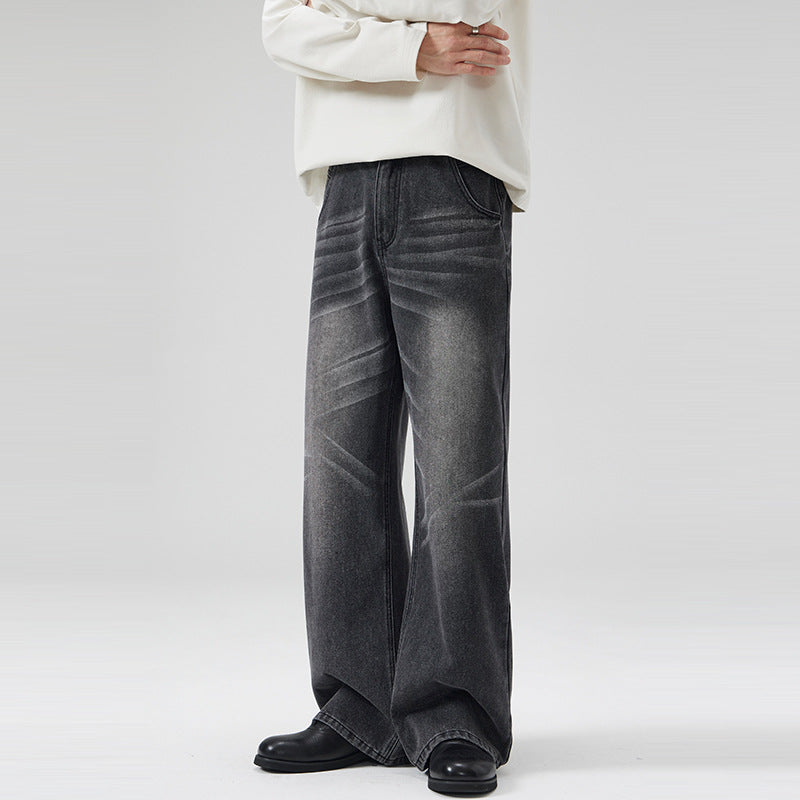 Men's Wide Denim Jeans in Retro Workwear Look with Distinctive Whisker and Pleat Accents Mune Fashion