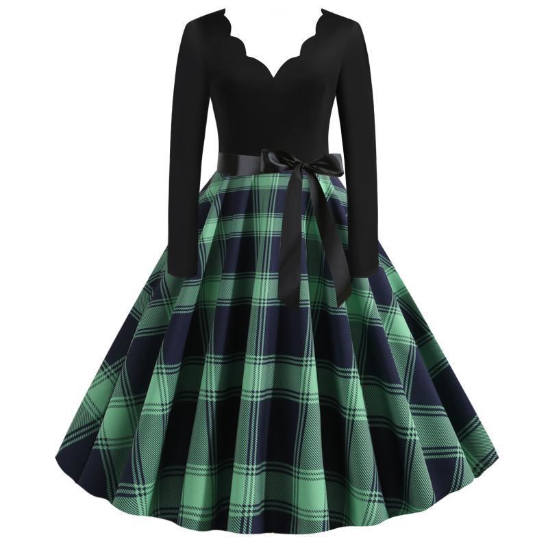 Women’s Retro Swing Dress with Zigzag Heart Neckline, Tailored Long Sleeve Top and Checkered Flared Skirt Mune Fashion