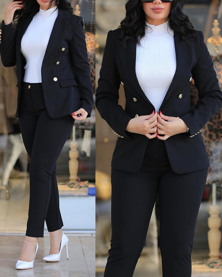 Women's tailored business pantsuit set with double-breasted blazer and tapered waistband pants Mune Fashion