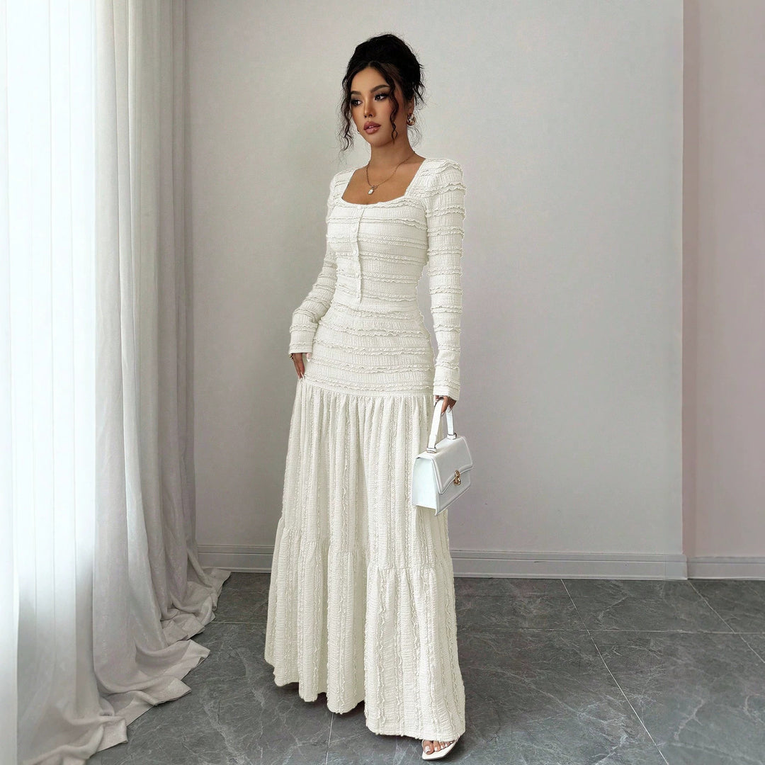 Women's Figure-Hugging Ruffle Maxi Dress with Square Neckline and Button Placket Mune Fashion