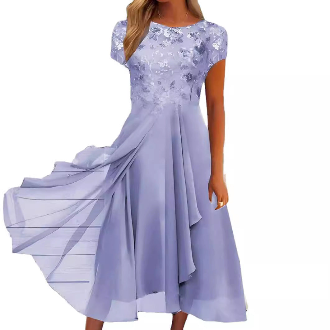 Women's flowing chiffon mid dress with floral embroidered top and asymmetrical tiered skirt Mune Fashion