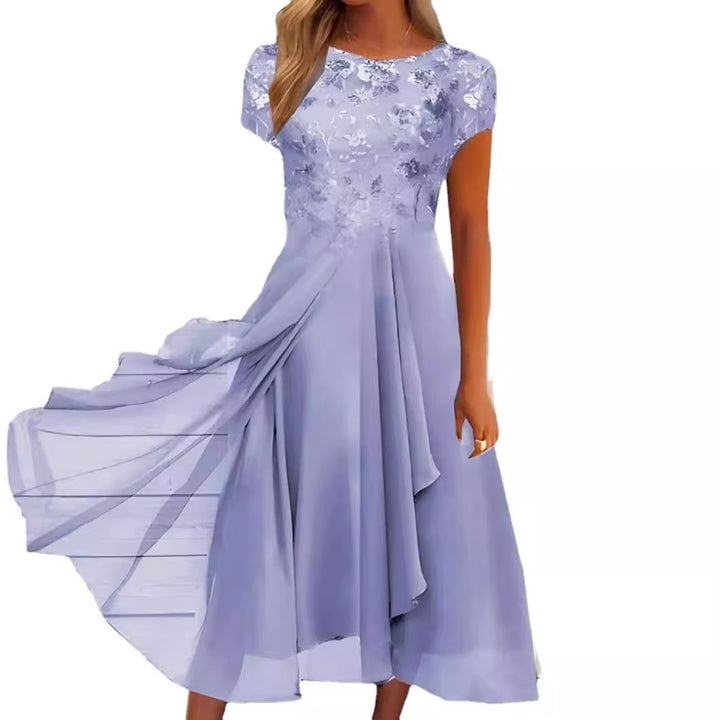 Women's elegant chiffon midi dress with floral lace appliqué and flowing A-line skirt Mune Fashion