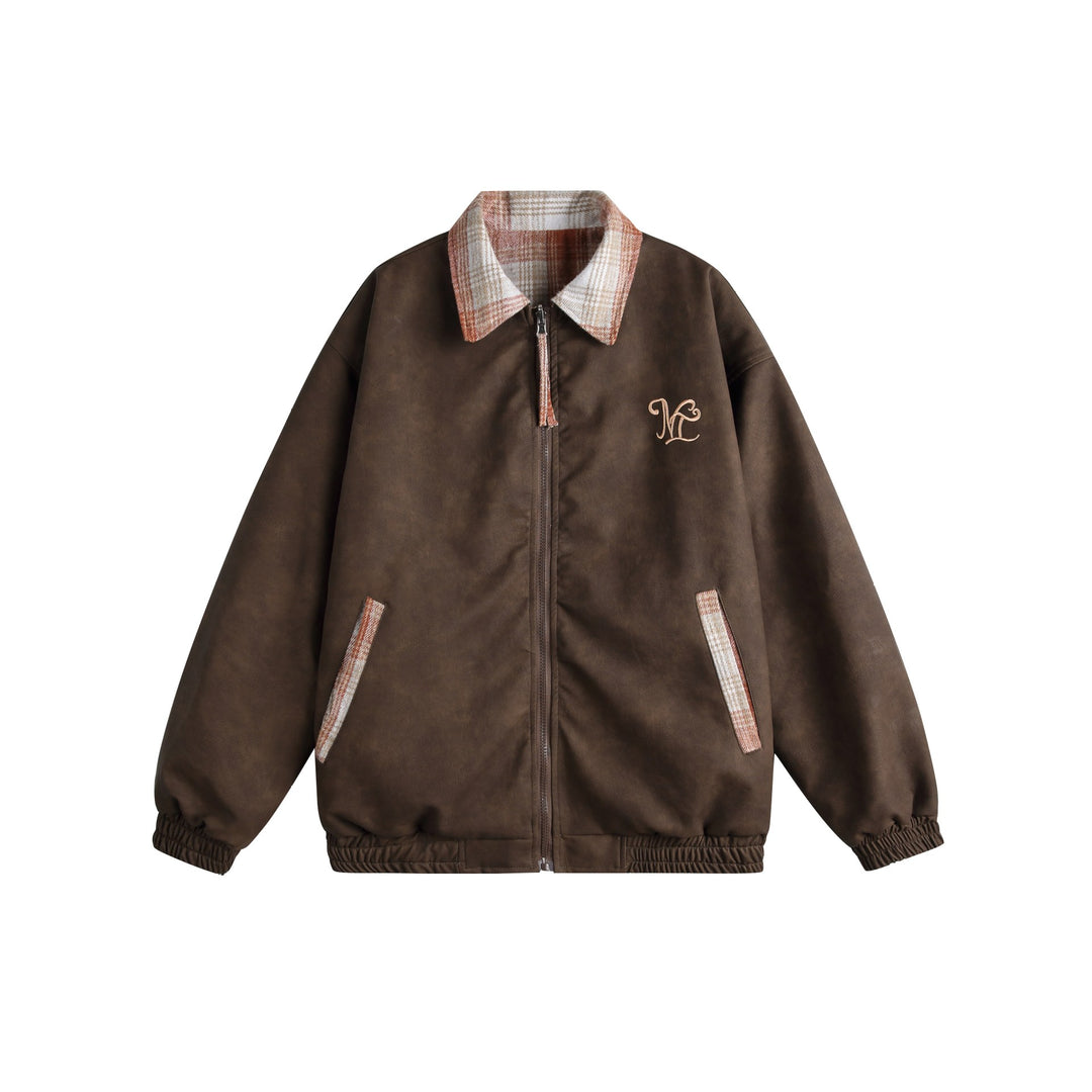 Women's short cut boxy jacket in suede look with checked collar and elastic hem Mune Fashion