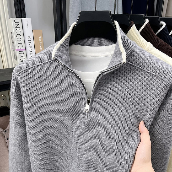 Men's Half-Zip Knit Sweater with Textured Knit and Contrasting Stand Collar Mune Fashion