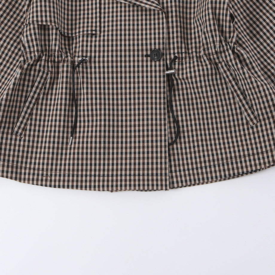 Women's Short Checked Trench Coat with Drawstring Waist and Wide Lapels Mune Fashion