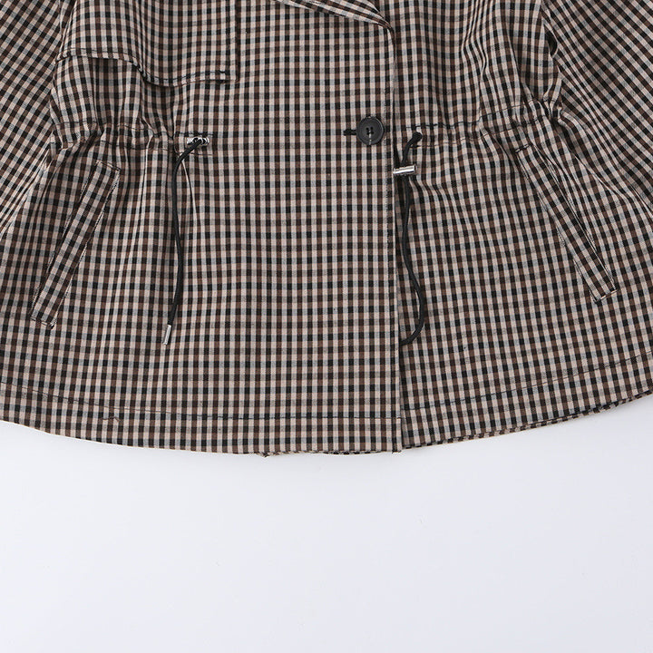 Women's Short Checked Trench Coat with Drawstring Waist and Wide Lapels Mune Fashion