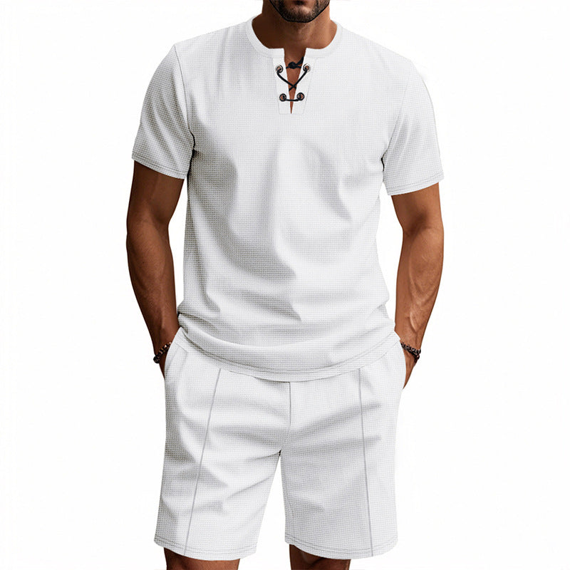Men's short-sleeved lace-up collar shirt in waffle jersey with pleated Bermuda Mune Fashion