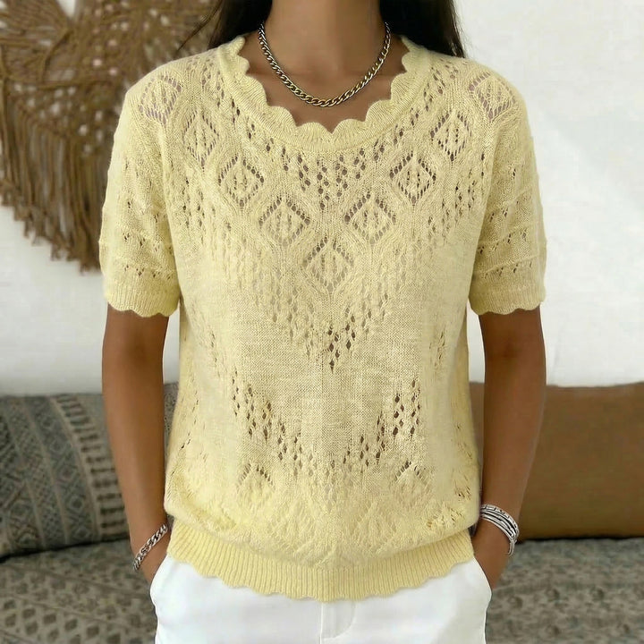 Women's short-sleeved lace knit sweater with openwork pattern and curved neckline Mune Fashion