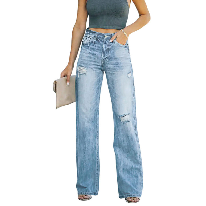 Women's High-Waisted Loose Straight-Leg Jeans with Destroyed Details Mune Fashion