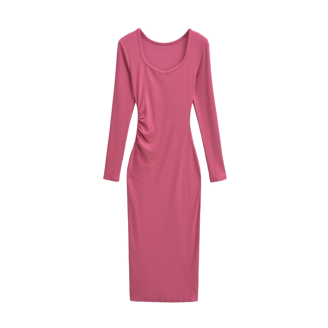 Women's Fitted Midi Dress with Side Ruching and Double Neckline Mune Fashion