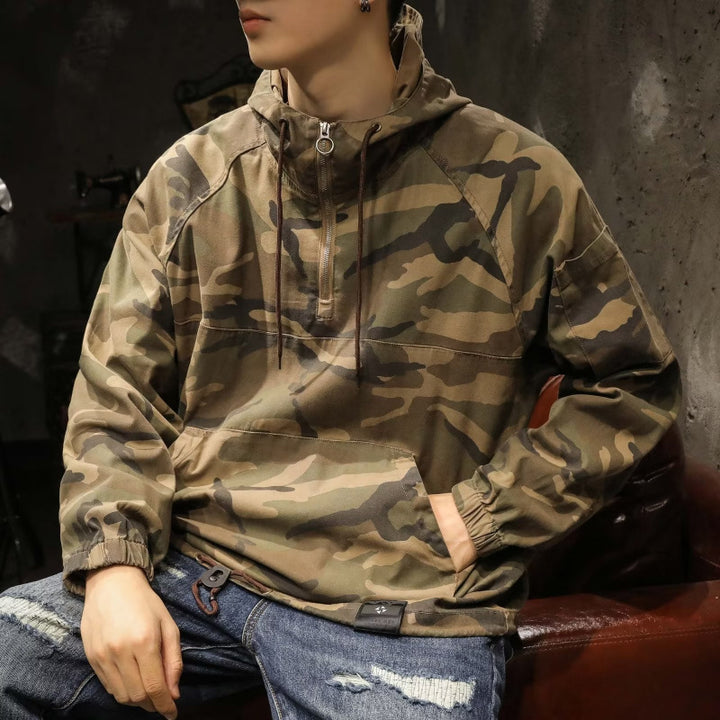Men's Hooded Anorak with Half Zip, Kangaroo Pocket and Drawstring Hem Mune Fashion