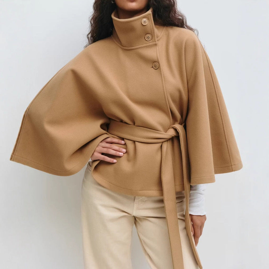 Women's oversized wool cape coat with stand-up collar and tie belt Mune Fashion