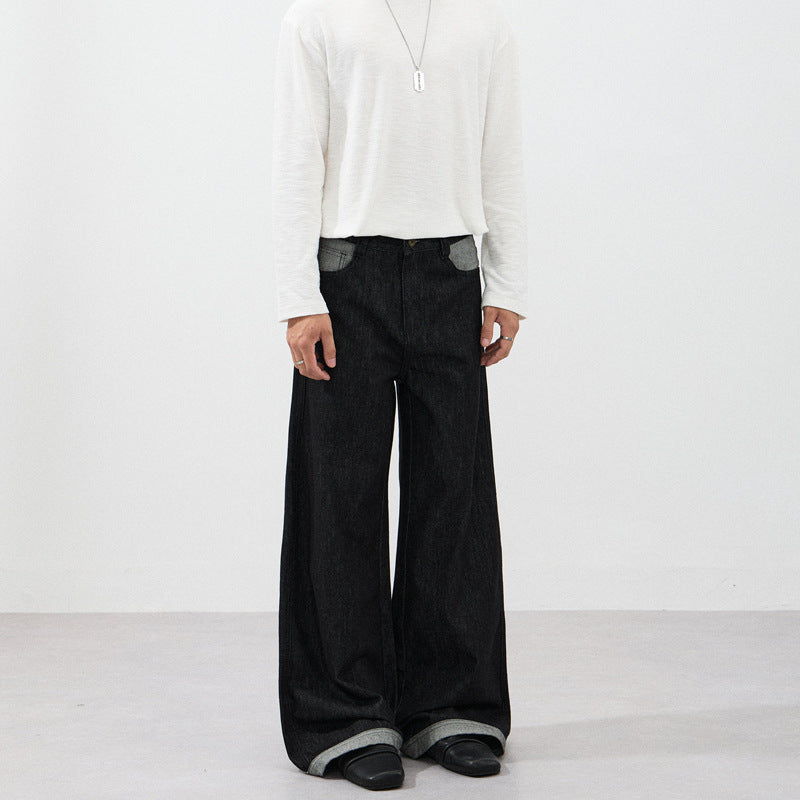 Men's Ultra Wide Denim Marlene Trousers with Extra Long Hem Edge and Five-Pocket Detail Mune Fashion