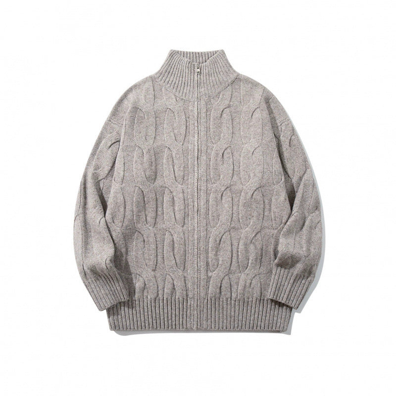 Unisex Chunky Knit Zip-up Cardigan with Cable Pattern and High Ribbed Collar Mune Fashion