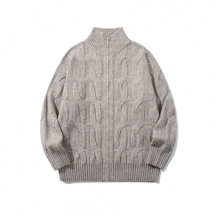 Unisex Chunky Knit Zip-up Cardigan with Cable Pattern and High Ribbed Collar Mune Fashion