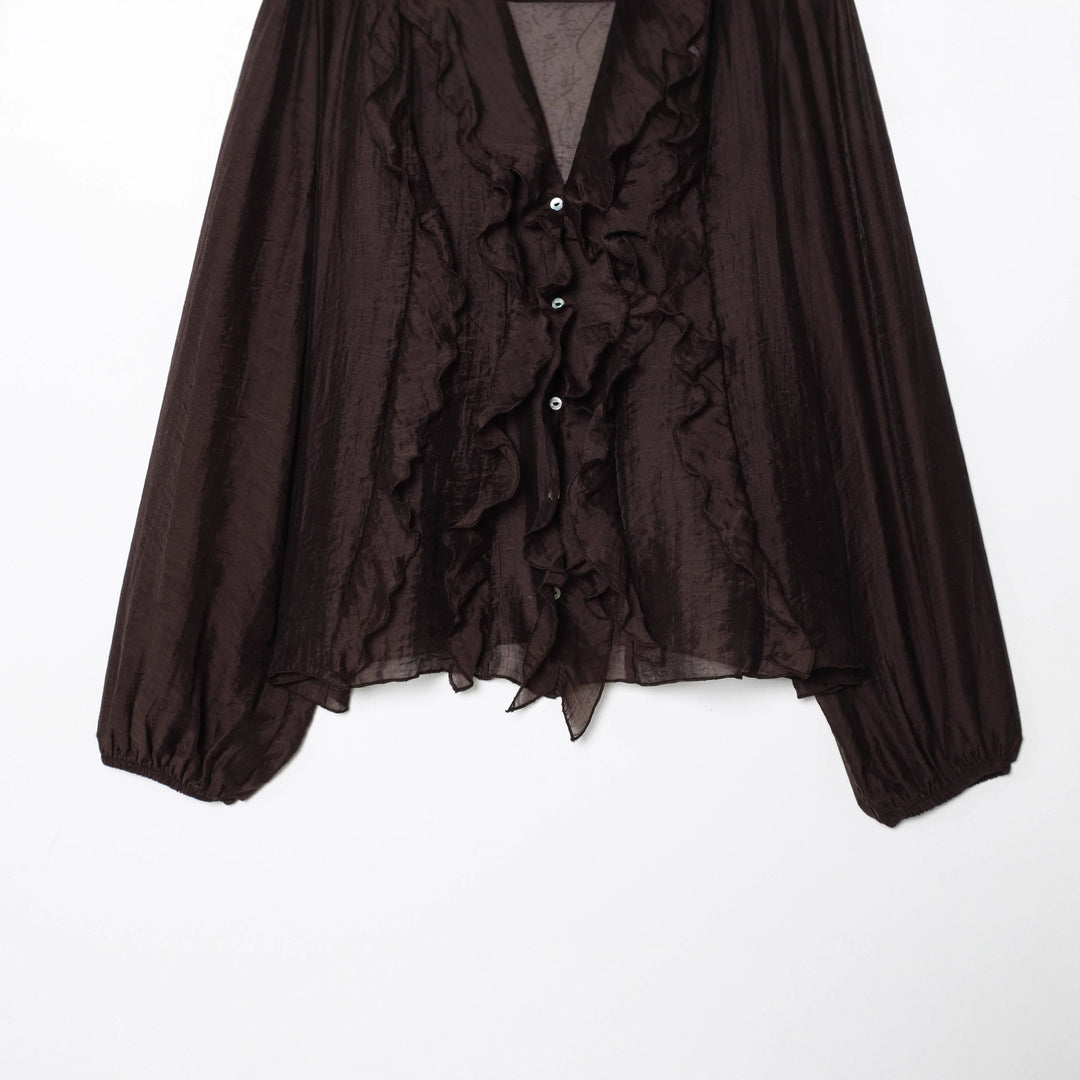 Women's delicate ruffle blouse made of crinkle chiffon with stand-up collar and balloon sleeves Mune Fashion