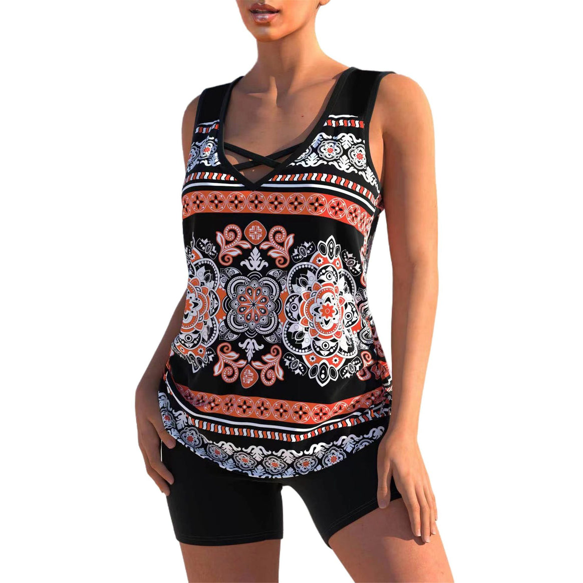 Women's sporty tankini two-piece with V-neck and crossed chest straps Mune Fashion