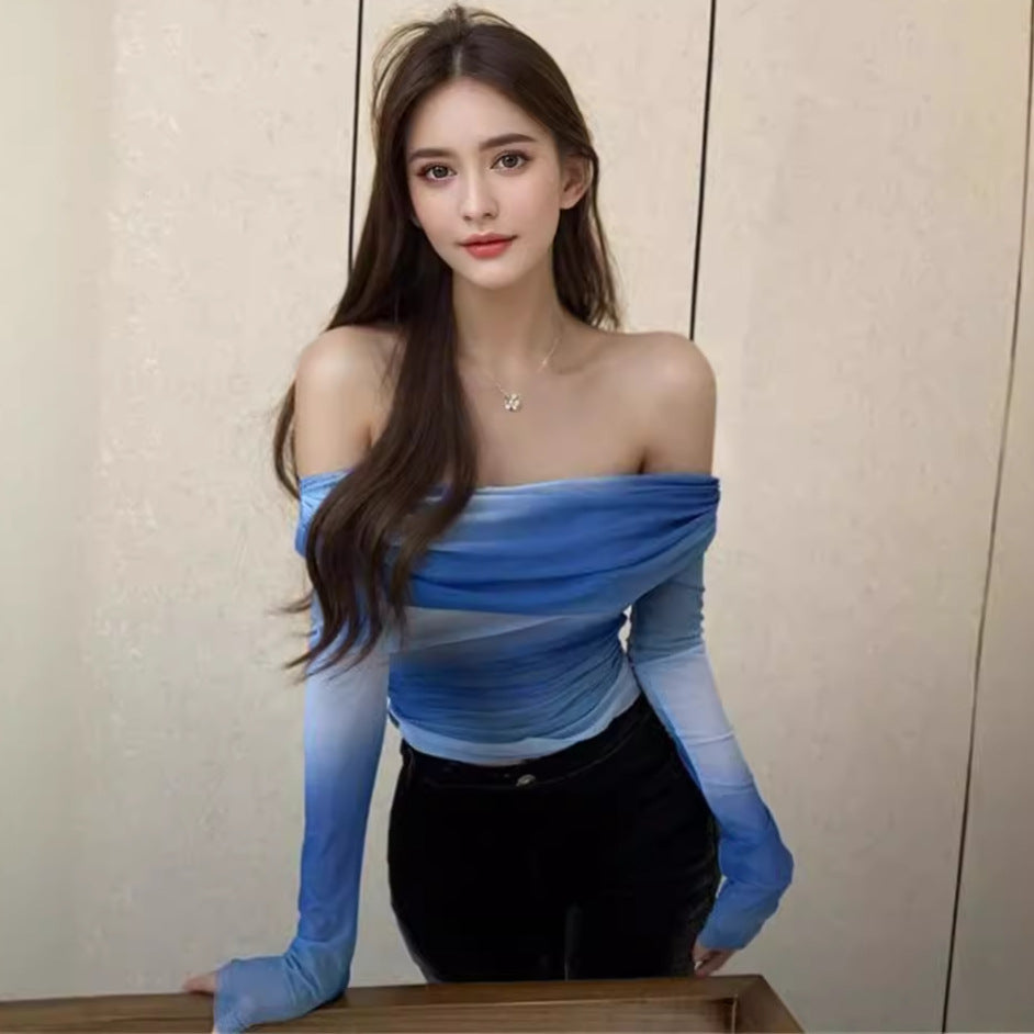 Women Off-shoulder Mesh Long Sleeve with Ruching and Light Transparency Mune Fashion