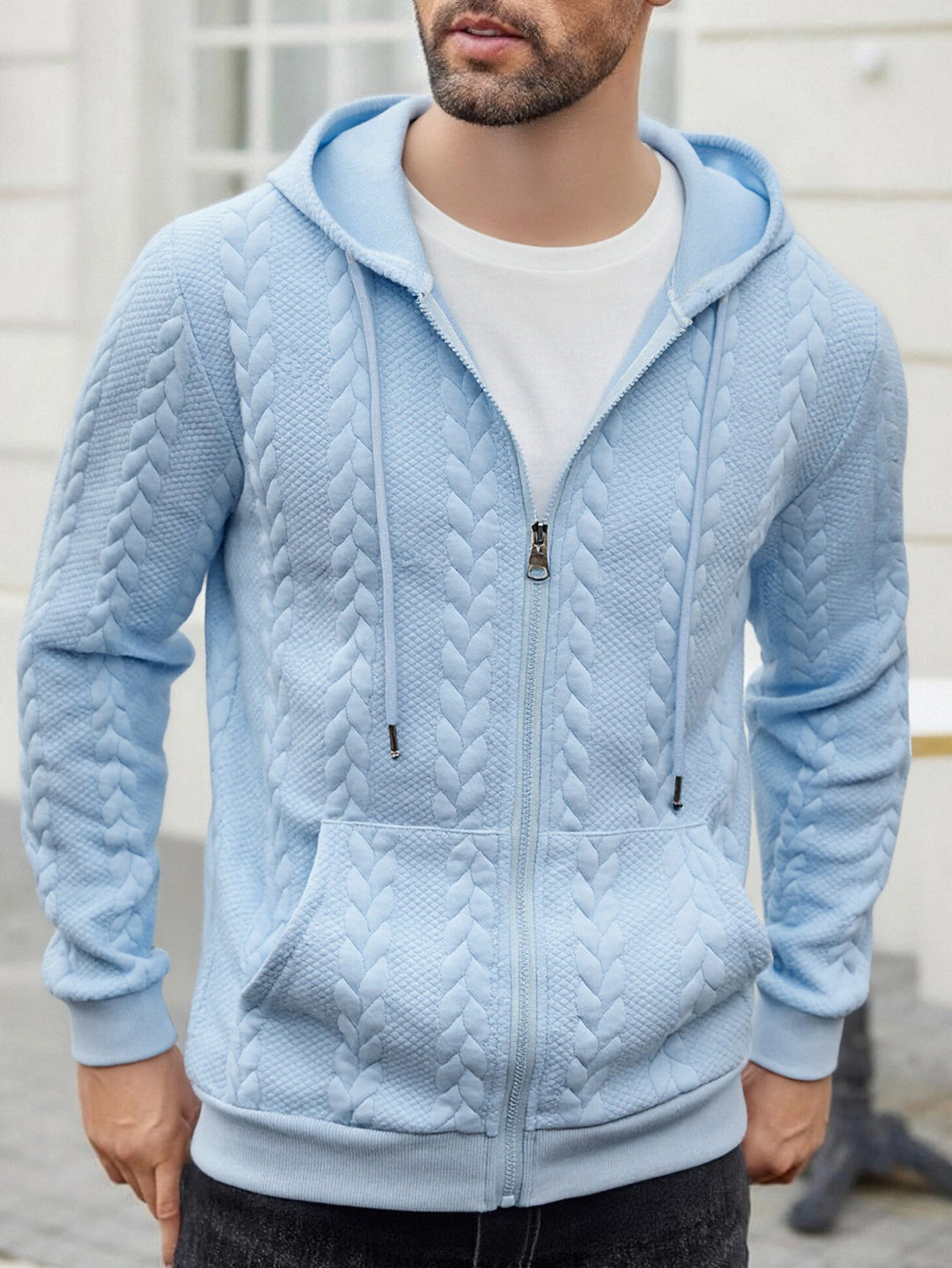 Men's knitted hooded sweat jacket with cable pattern, full zip and kangaroo pocket Mune Fashion