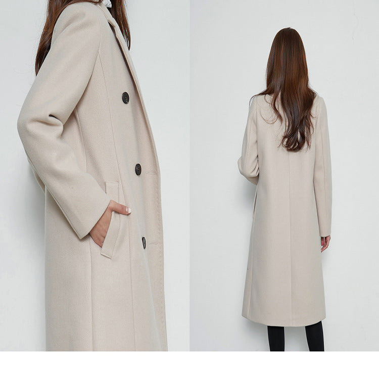 Women Long Cut Wool Blend Coat in Minimalist Double-Breasted with Deep Lapel Mune Fashion