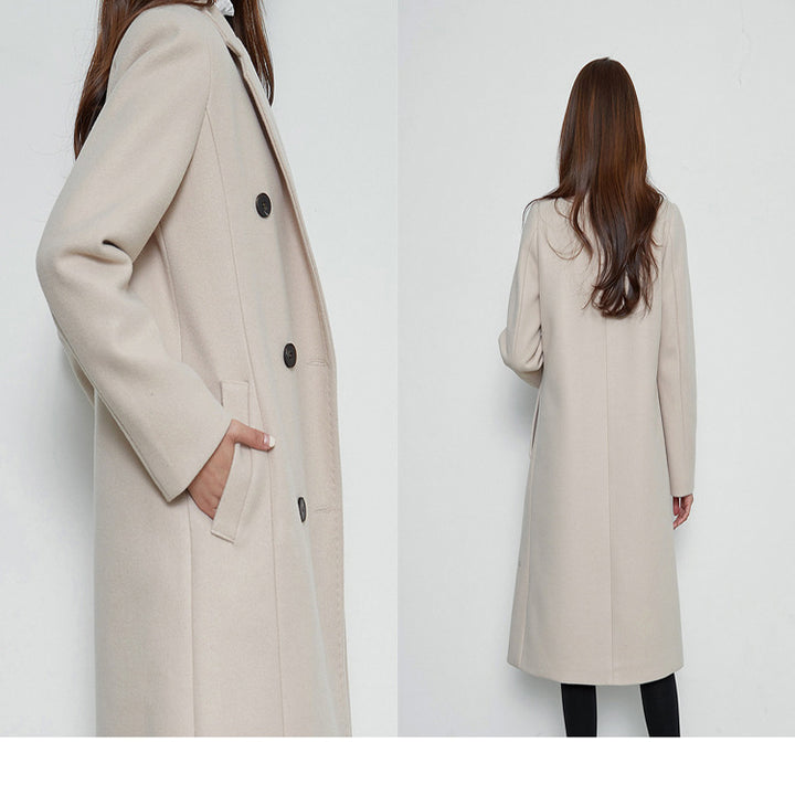 Women Long Cut Wool Blend Coat in Minimalist Double-Breasted with Deep Lapel Mune Fashion