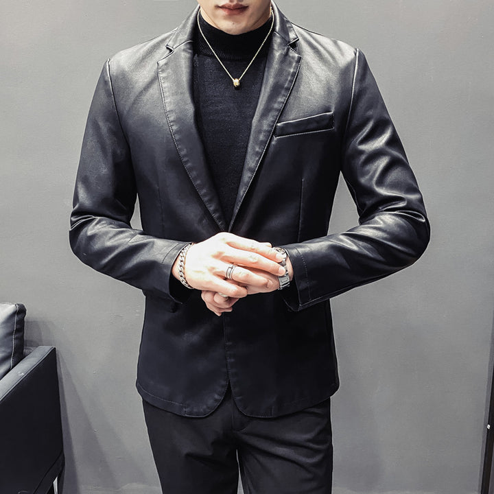 Men's Slim-Fit Leather Blazer with Tailored Silhouette and Classic Lapel Collar Mune Fashion