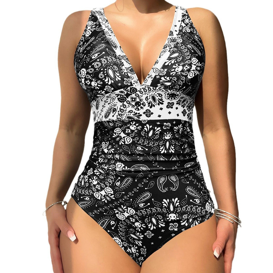 Women's One-Piece Swimsuit with V-Neck and Decorative Patterns Mune Fashion