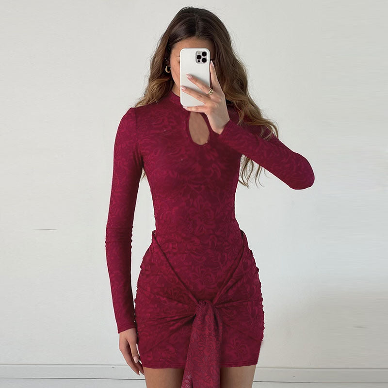 Women Tailored Jacquard Mini Dress with Draped Knot and Long Sleeve Mune Fashion