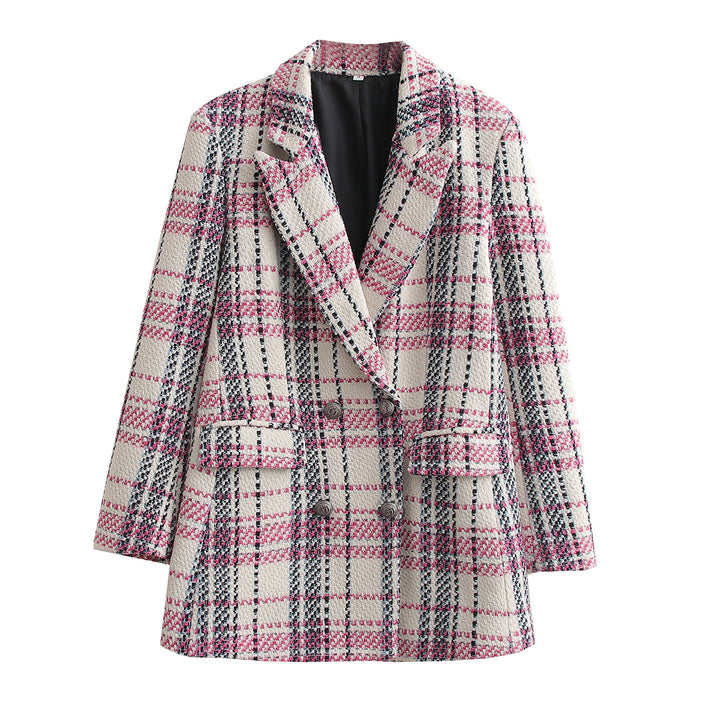 Ladies Boucle Tweed Long Blazer with Double Breasted Closure and Flap Pockets Mune Fashion