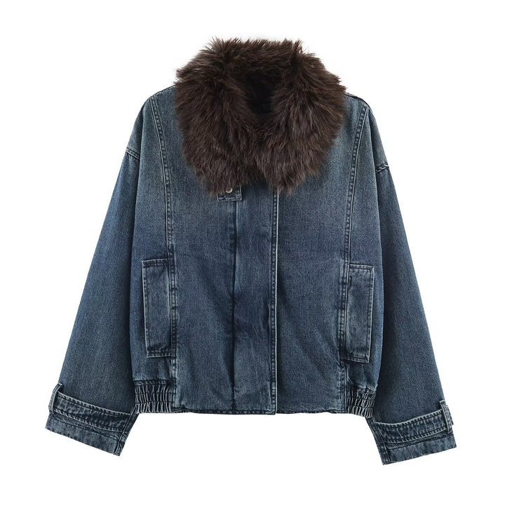 Women's Oversized Denim Jacket with Voluminous Faux Fur Collar and Elastic Hem Mune Fashion
