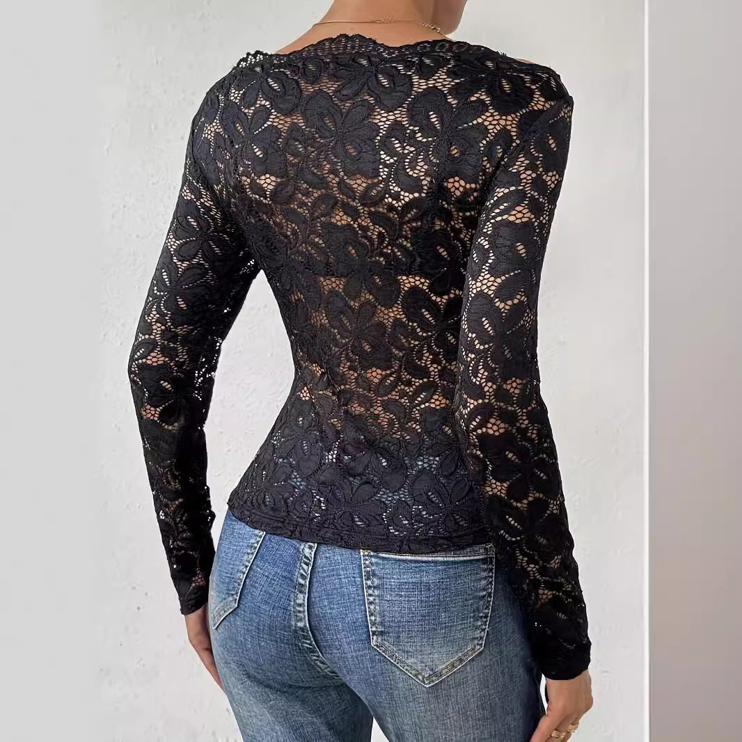 Women's figure-hugging lace top with off-the-shoulder neckline and long sleeves Mune Fashion