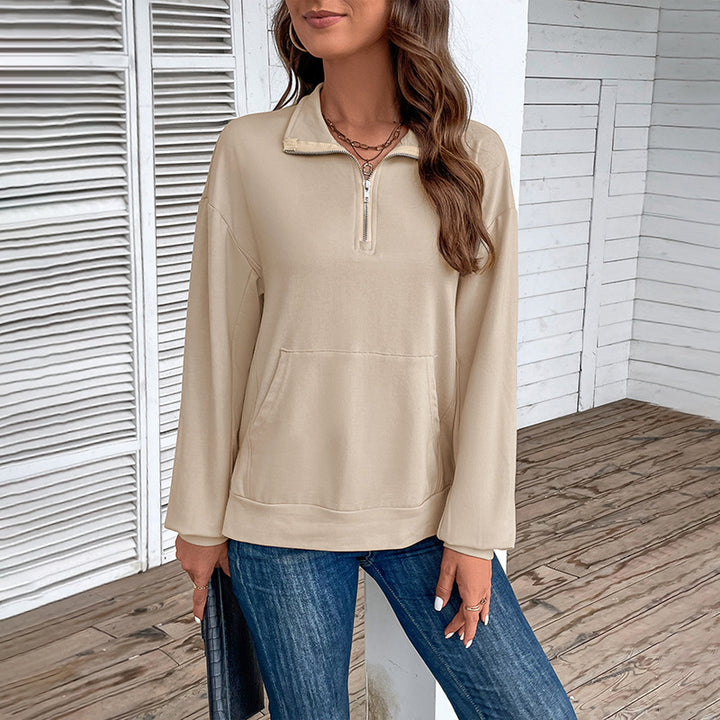 Women's Lightweight Half-Zip Sweatshirt in Relaxed Fit with Kangaroo Pocket and Stand-Up Collar Mune Fashion