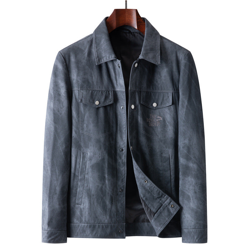 Men's Vintage Leather Look Trucker Jacket with Used Effect and Chest Flap Pockets Mune Fashion