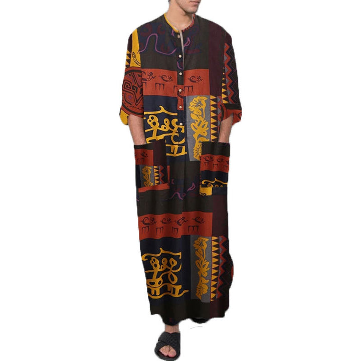 Men's ankle-length striped linen blend kaftan with stand-up collar and patch waist pockets Mune Fashion