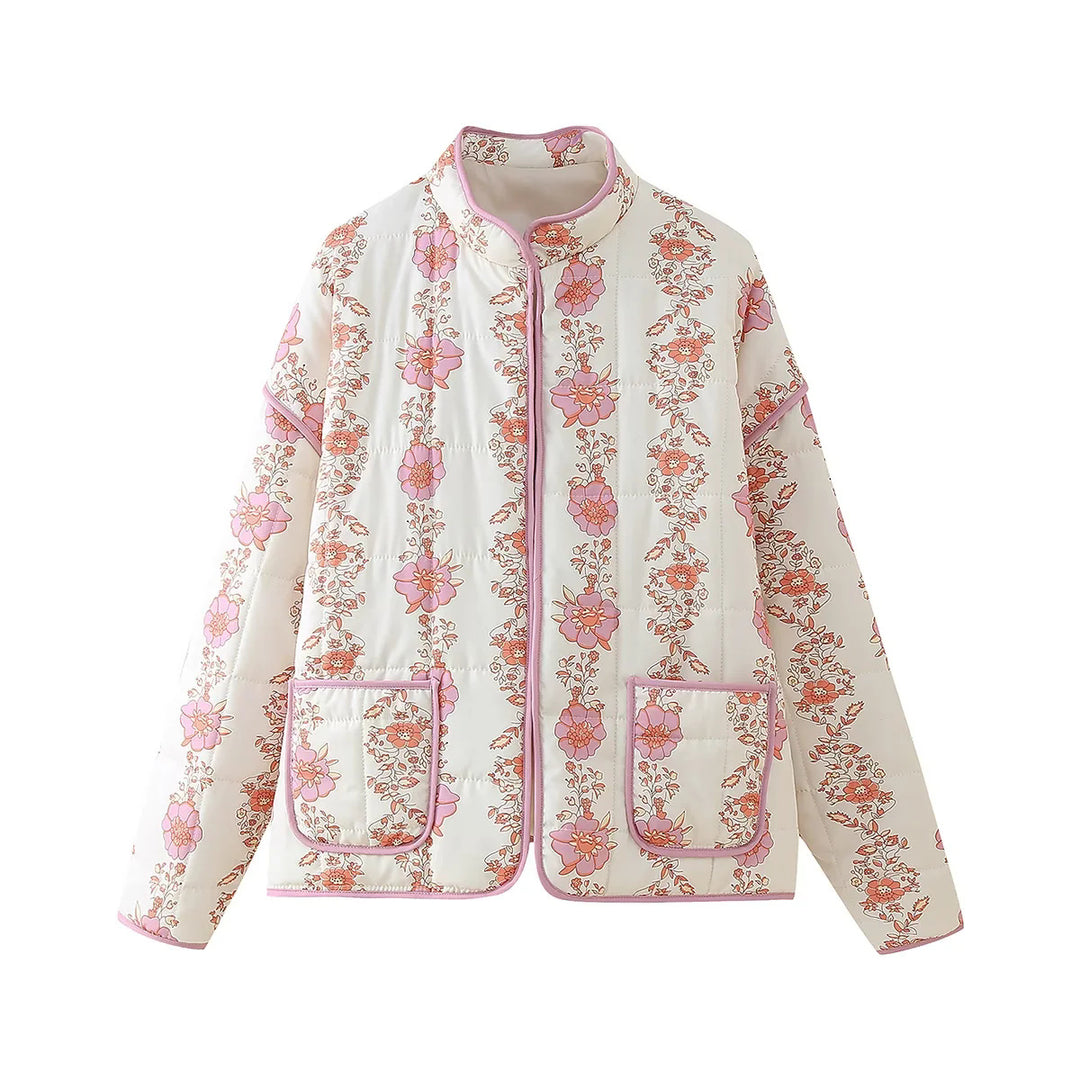 Women's quilted floral jacket with stand-up collar, zipper, and patch pockets Mune Fashion