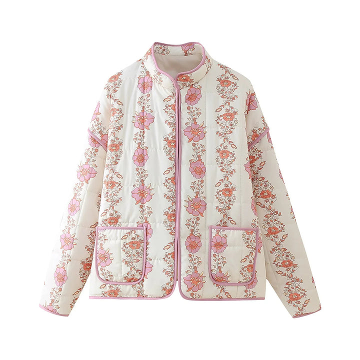 Women's quilted floral jacket with stand-up collar, zipper, and patch pockets Mune Fashion