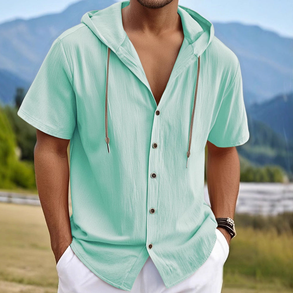 Men's short-sleeved hooded shirt with button placket, drawstring and linen look Mune Fashion
