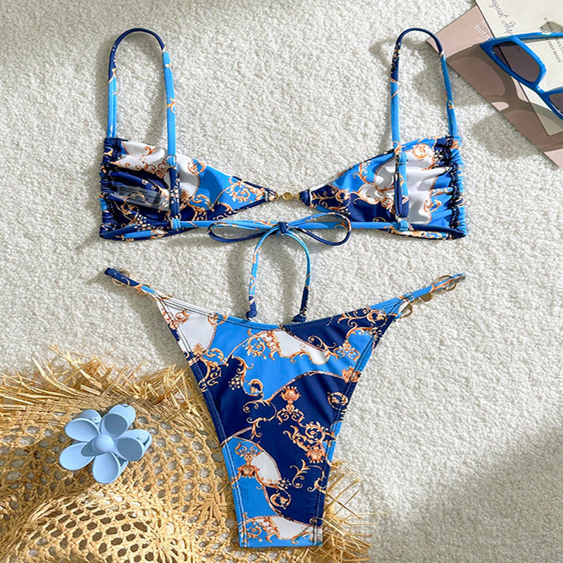 Ladies triangle bikini with elegant pattern and refined jewelry embellishment Mune Fashion