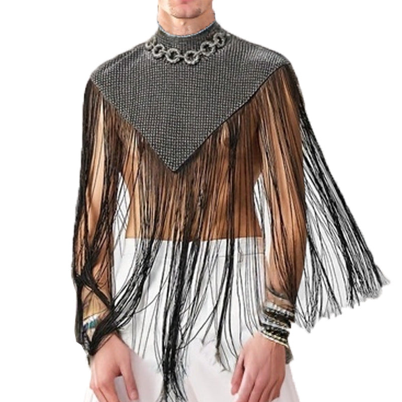 Ladies long fringed cape with turtleneck and V-shaped insert Mune Fashion