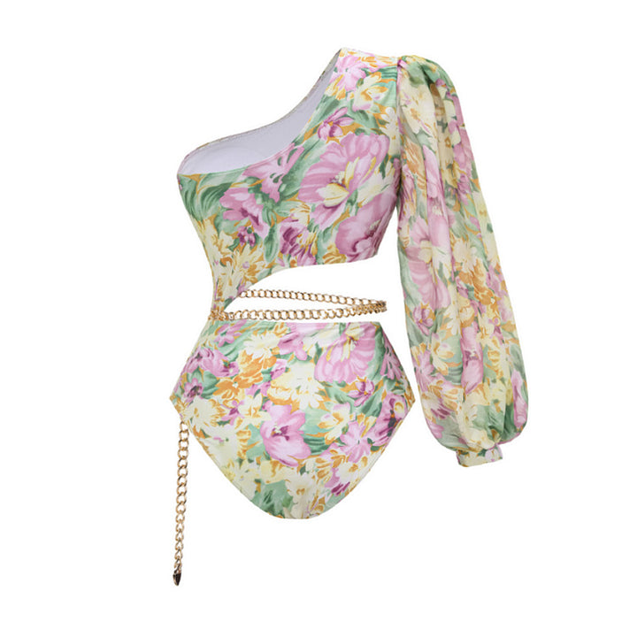 Women's Asymmetric Swimsuit with Floral Patterns and Glamorous Chain Mune Fashion
